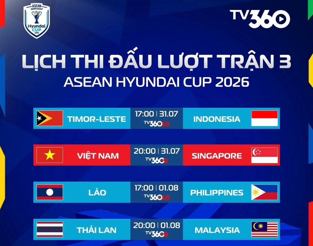 Lịch thi đấu ASEAN Cup 2026 hôm nay (31-7): Tâm điểm Việt Nam đấu Singapore